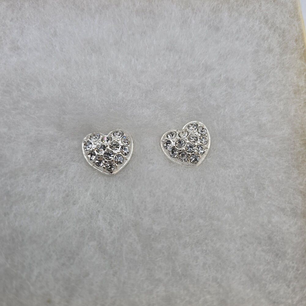 Heart Shaped Stud Earrings Crystal Silver Tone Valentines Gift Anniversary